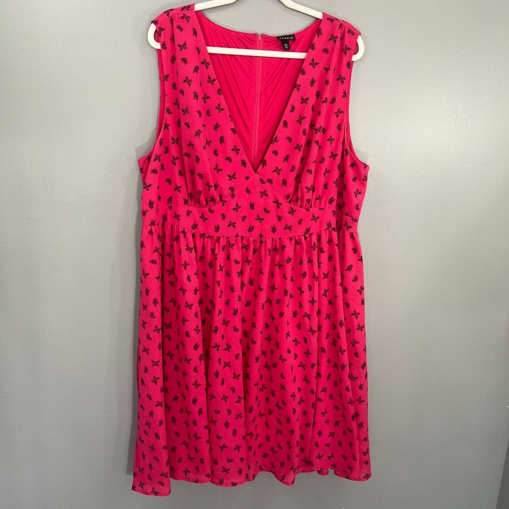Torrid Dress Size 22 Fuchsia Pink Black Butterflies Sleeveless Fit Flare V Neck